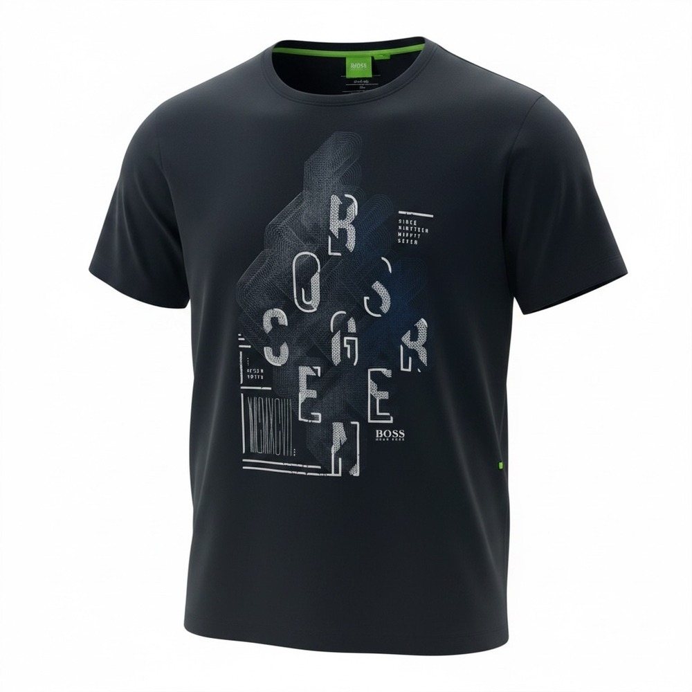 Hugo Boss Green Label Mens Graphic Print T-Shirt Navy Blue Regular Fit Large